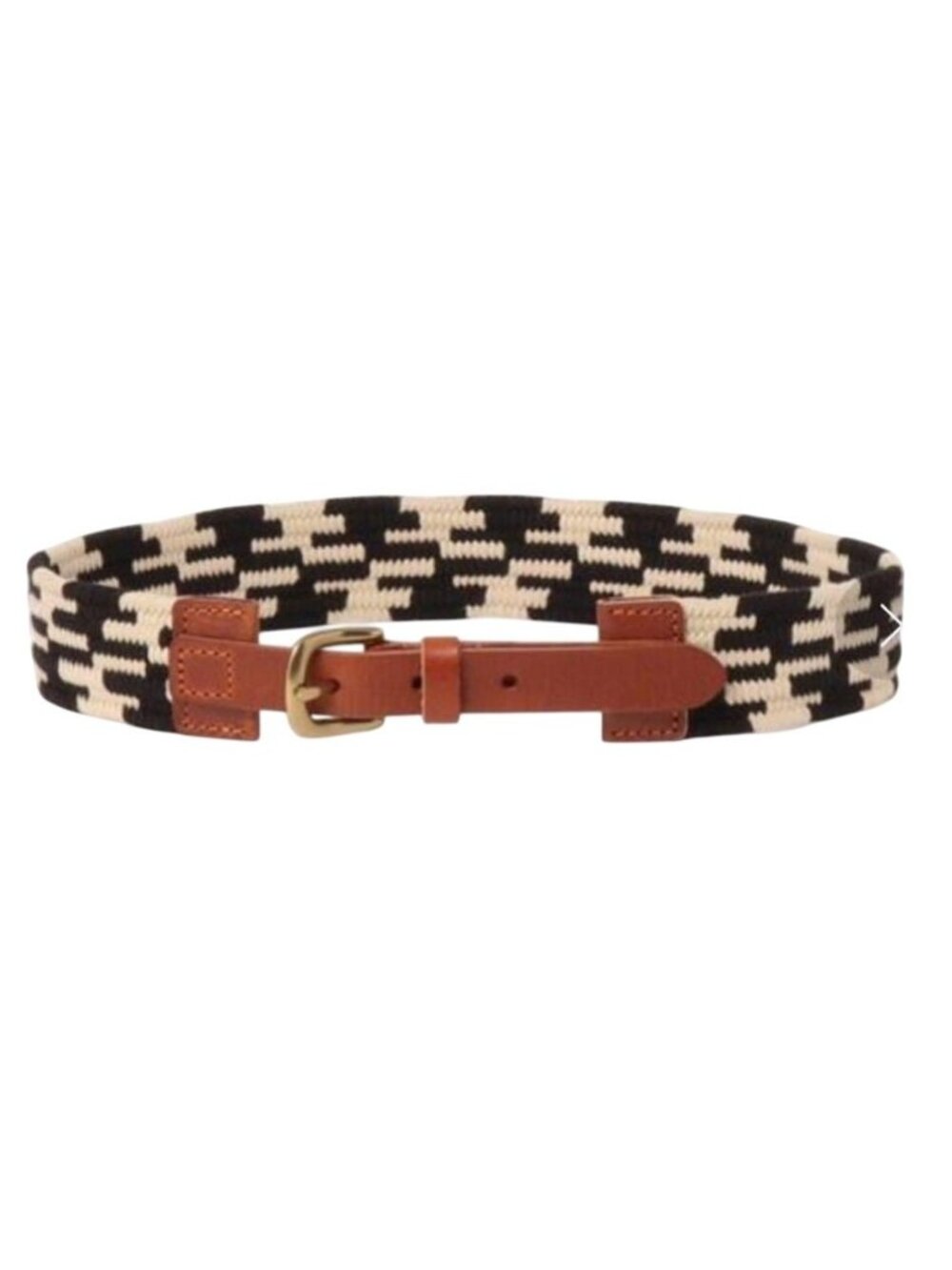 Clane Blue & Beige Knit Woven Brown Leather Belt Gold Tone Buckle Small 32" 34"